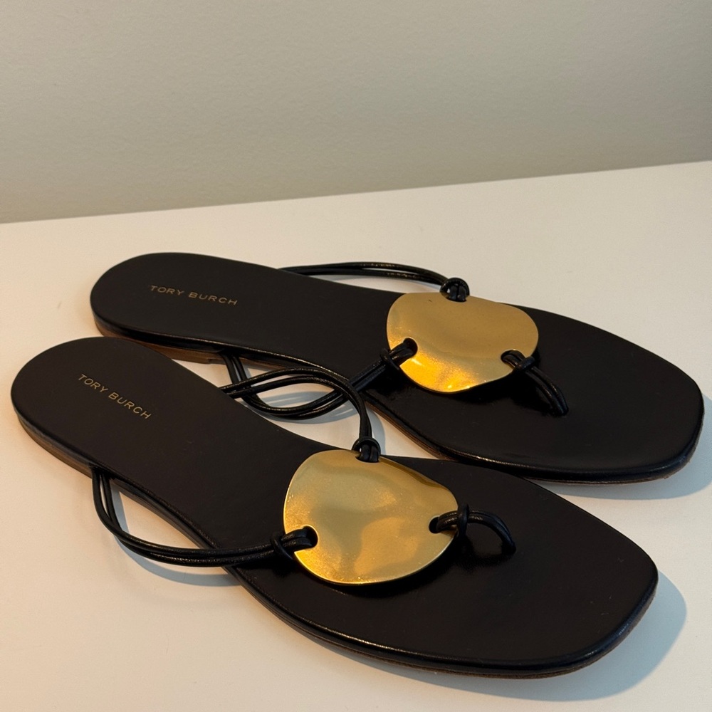 Tory Burch Black Sandals with Gold Accents